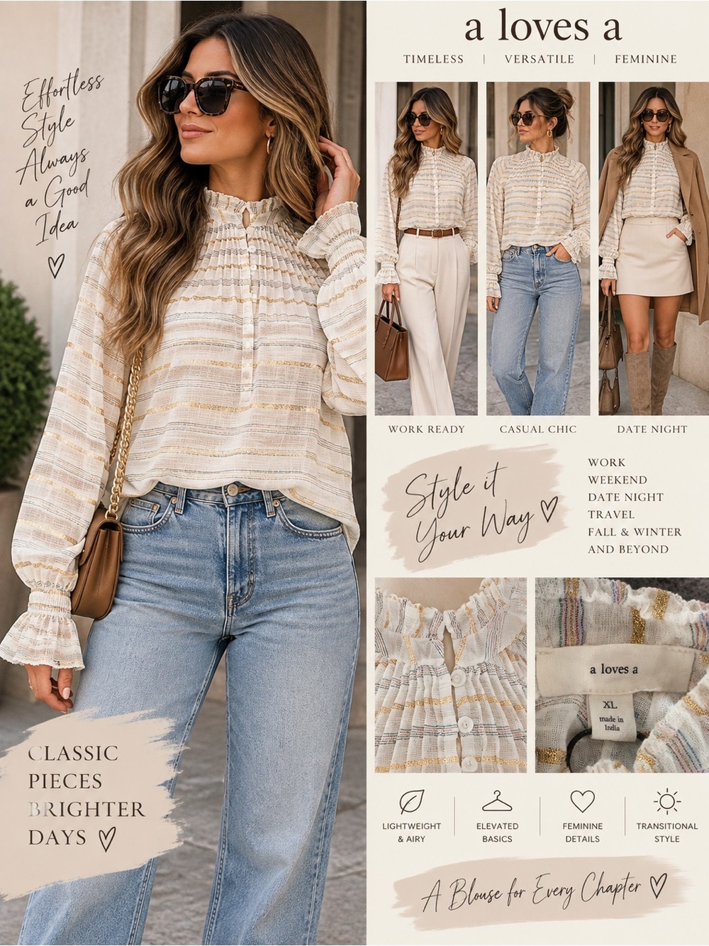 NWT A Loves A XL Ivory Gold Metallic Stripe Ruffle Blouse Romantic Boho